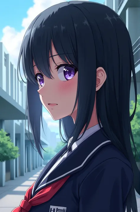 Boku no hero wallpaper,  woman, straight black hair, Right eye black and left eye purple, with UA uniform and UA school background, looking at Asia in front of profile and smiling 