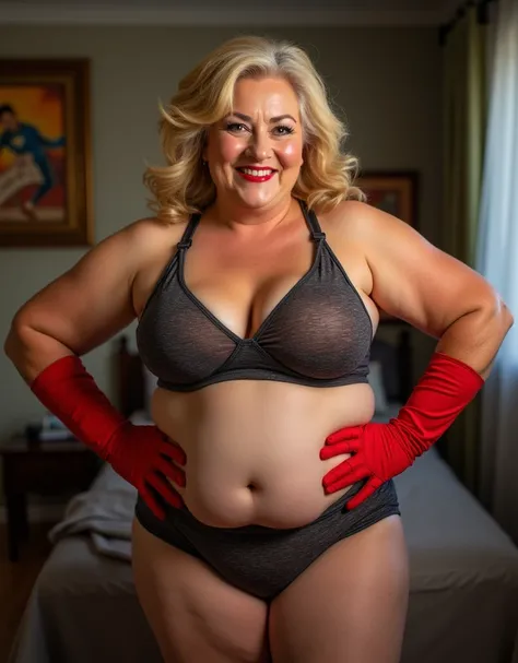 Overweight elder 70 year old attractive woman full colours brown bold lipstick high eyelashes golden hairs wearing athletic shorts overing red gloves on hands exuding pride and looking so sexy full body view in her room 