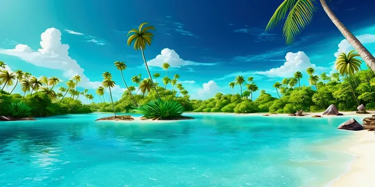 create a stunning painting of a beautiful lagoon. Wonderful turquoise water. Lots of palm trees and a breathtaking jungle around the water. The lagoon opens onto a sandy beach and an open sea