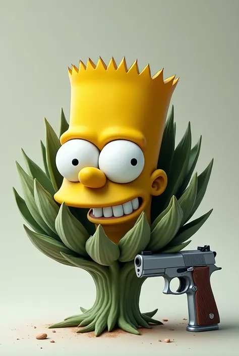 Artichoke with Bart Simpson eyes and mouth with gun