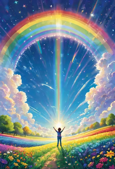 "A vibrant, uplifting scene featuring a figure standing beneath a large rainbow stretching across the sky. The figure is located in the center of the image, with arms spread wide in a sign of joy and victory. There are bright, soft clouds and the sun. The ...