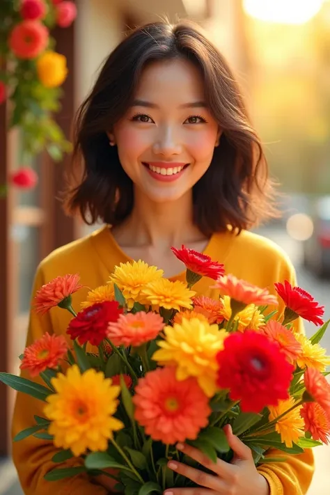 Red and yellow flowers that are as bright as the sun and cheer up those around them、A pretty 40-year-old woman with chocolate-colored bob hair and half-moon eyes holding a bouquet of colorful flowers, including orange.