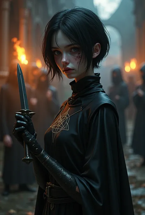 A pale girl with short black hair, from the middle ages 3D, realisitic, Arcane style, with light eyes dark alchemist clothes, left arm prosthesis, steampunk with pentagram, cut on the face,  look of suffering and hate, dagger, the night, with a religious g...