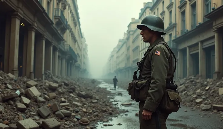 1940; (masterpiece, best quality) destroyed city (Paris) American soldier going to war