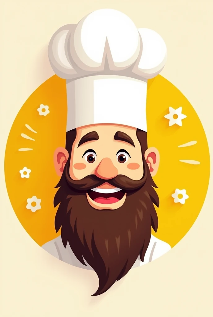 A bearded man wearing a chef&#39;s hat with a yellow background for a cartoon logo
