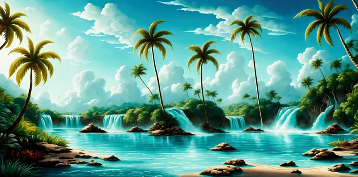 create a stunning painting of a beautiful lagoon. A roaring waterfall. Wonderful turquoise water. Lots of palm trees and a breathtaking jungle around the water. The lagoon opens onto a sandy beach and an open sea