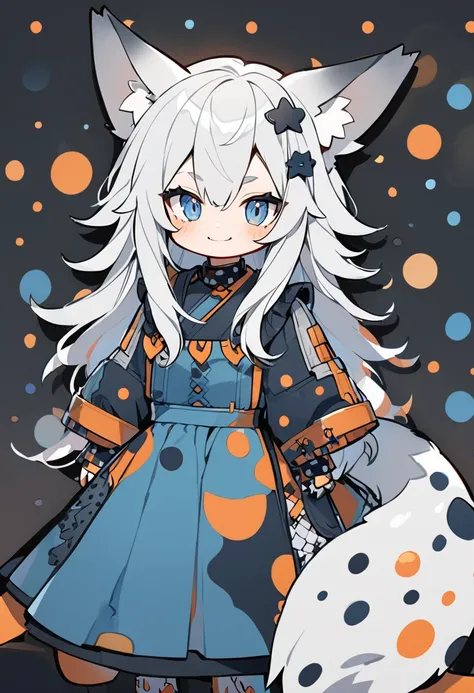 Wolf hybrid, white  hair, with orange spots, and grays with black spots, sharp blue eyes and soft smile. Wolf ears and tail and cute clothes