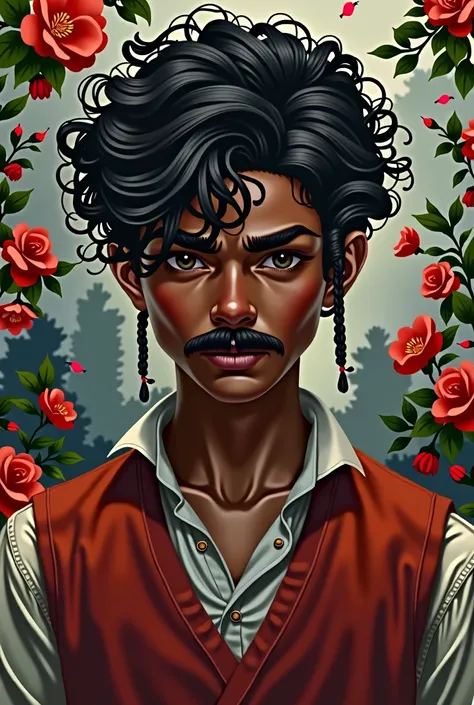 um dark boy,com curly hairo,with chinese mustache,serious,two small braids in front of the face,com um red vest,flowers,flowersta,dark boy,curly hair,with braid,red vest