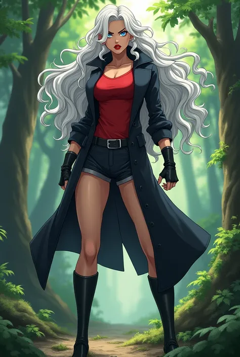 Dragon Ball Z style woman, athletic body, with long wavy white hair, He is wearing a black trench coat and a red T-shirt., wears black fingerless boots and gloves, He has bright blue eyes, She has blood red lips, tenacious and firm look, warrior, is in the...