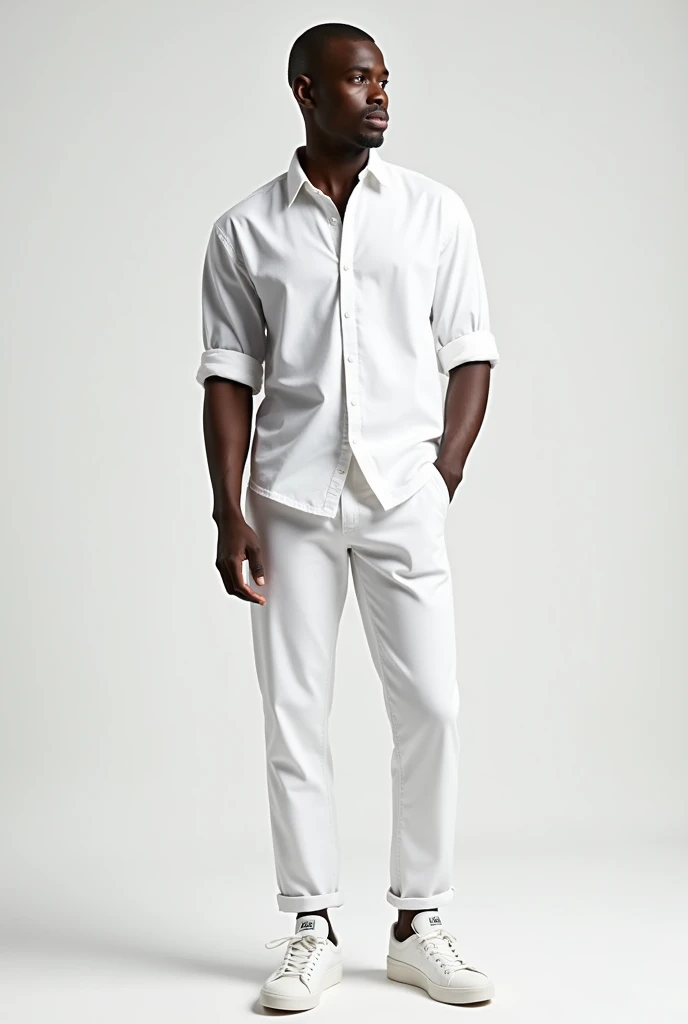 Outfit with white shirt, cali pants and white tennis shoes on a man with dark skin and shaved head
