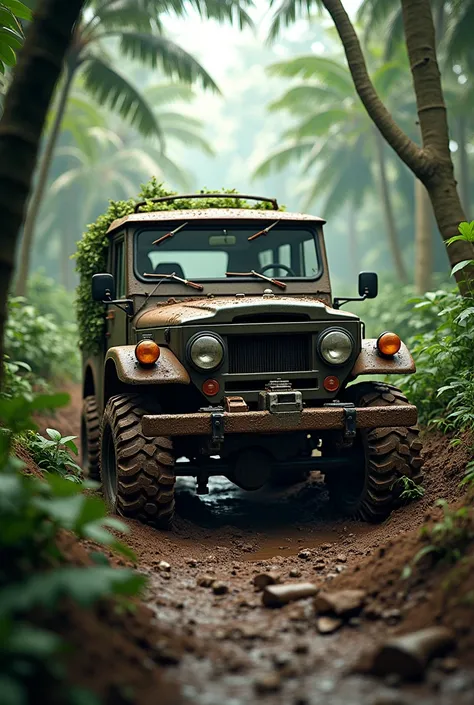 Mitsubishi 4dr5 old jeep in mud having big tyres in a jungle