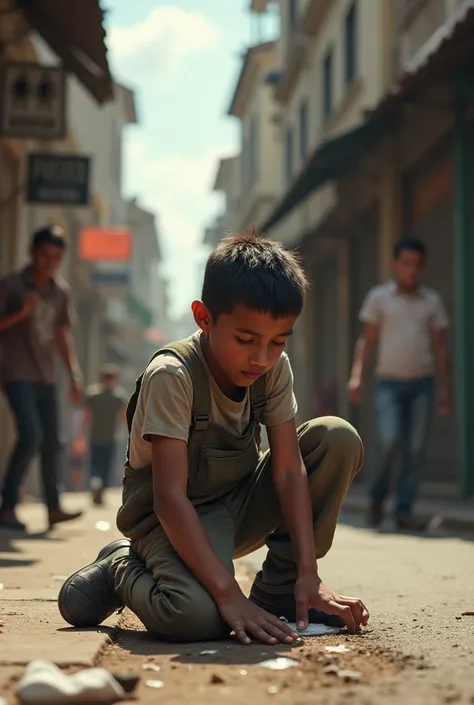 A young boy working as a shoeshine boy on the streets of São Paulo. he is on his knees, polishing a customer&#39;s shoes. The street is busy, with people passing by, old buildings in the background, and the boy seems focused on his work. The scene reflects...