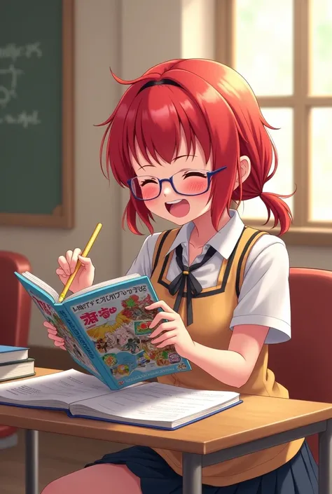 Red haired girl studying in school uniform,freckles and laughing,with glasses STUDYING ANIME BIG BIG 