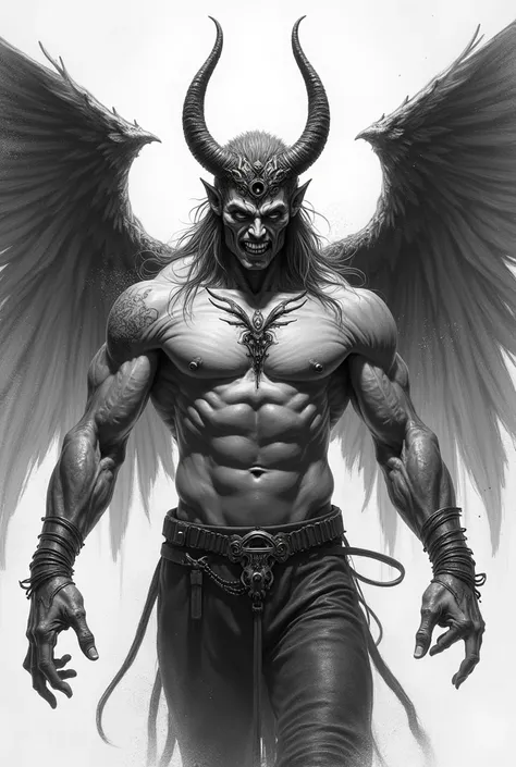 Create a black and white drawing of a half human body and a cyborg on the side with demonic wings and angelic wings and a crown and horns and that on the face a psychopathic smile is shown and on the chest it has a tattoo of the Taurus zodiac sign and in t...