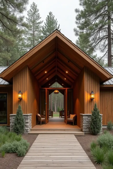 Entrance to a Glamping hotel with a wooden facade that serves as the reception