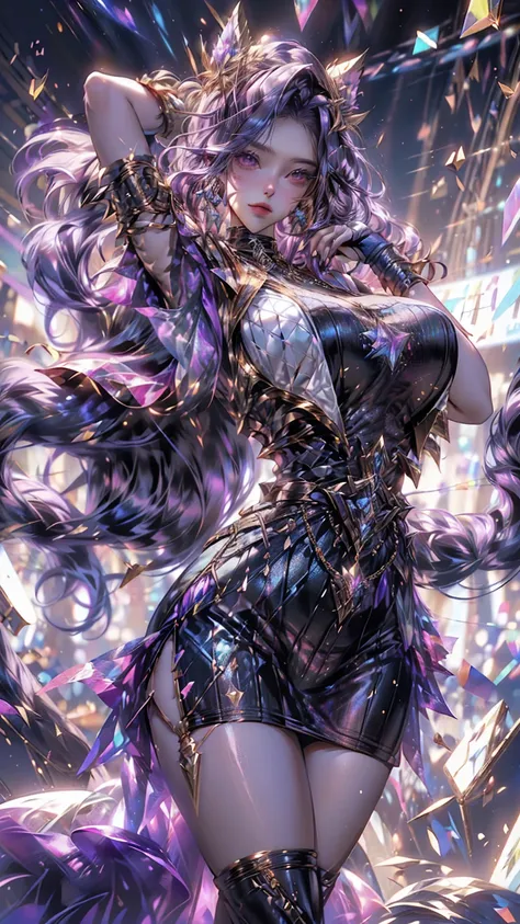 ((Realistic light, Best Quality, 8k, Masterpiece :1.3)), taking selfies, 1girl, beautiful woman with perfect figure :1.4, abs :1.1, (purple hair, Huge-breasts :1.3), Arabian dress :1.4,belts :1.2, translucent detail in dress, color black and other bed inse...