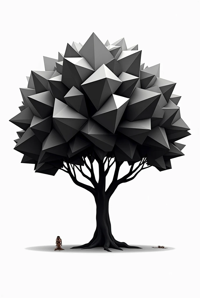 Tree with a large crown in black and white geometric shapes 