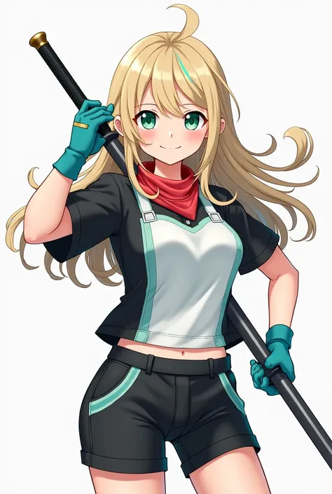 Smiling 1 white girl with blonde hair and green eyes with small cyan streaks in her hair wearing a black shirt and a white tank top with cyan details on the edges, wearing a light red bandana around his neck, wearing a cyan glove on both hands and wearing ...