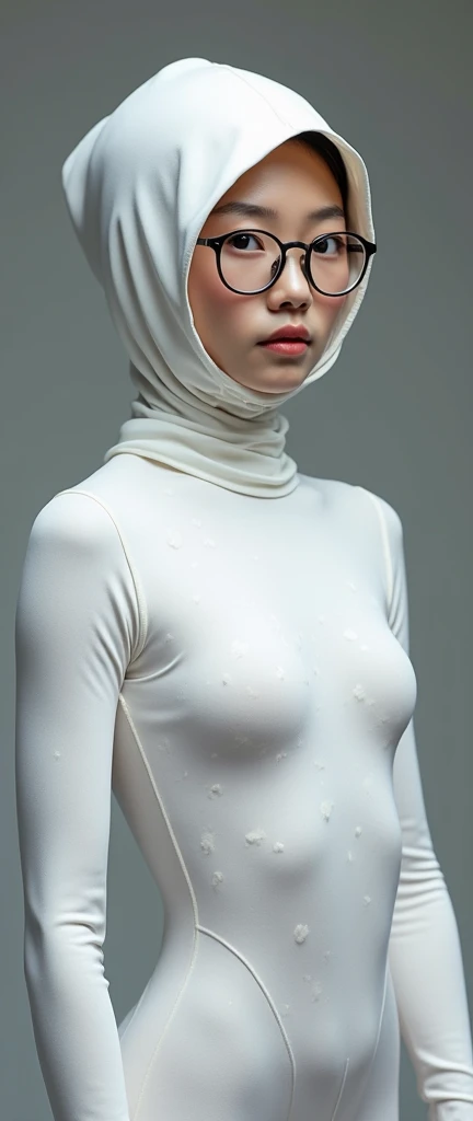 A beautiful and thin chinese contortion girl wearing a pair of glasses wears white leopard print lycra turtleneck unitard catsuit.She always wear white leopard print lycra dancewear hijab-like costume hood.She is my contortionist.