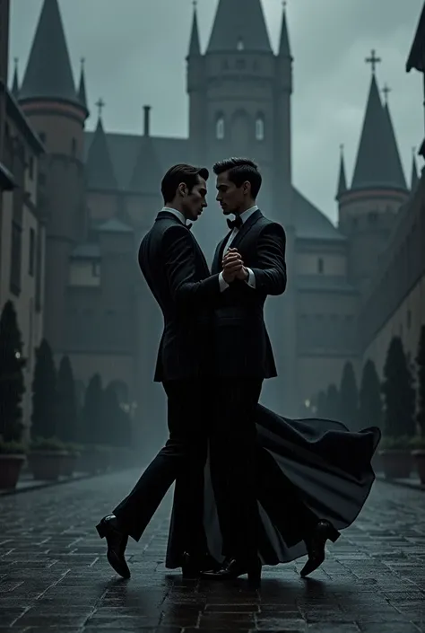 Two handsome skinny men dressed in black under the rain dancing bautiful together a black castle behind