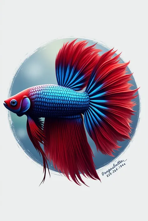 Create me a logo of a red and blue betta; that has short fins and my name VargasBettas, My cell phone number 829-264-1944 should be noted in black and pretty letters