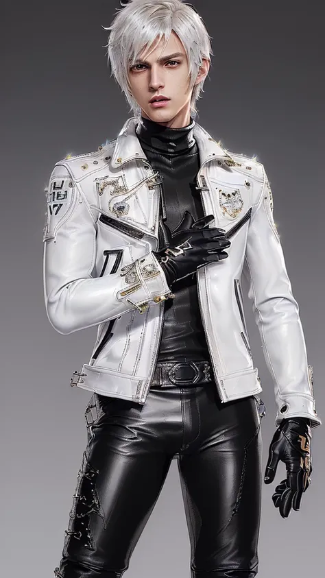 ((Final fantasy taste and reality graphics)), ((Japanese young cute and cool ikemen  boy)), his age is early 20s, thin eyebrows and beady eyes,  ((((he wearing white color and very shining brightly enamel leather thick single-brest motorcycle jacket)))), (...