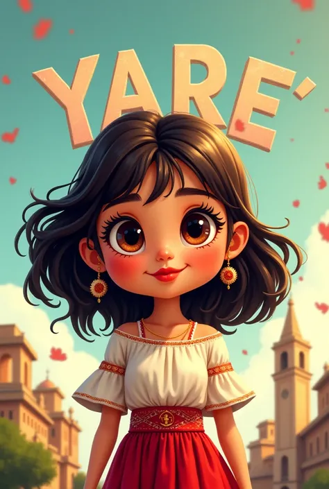 A cartoon of a girl with dark brown eyes,Lips painted strawberry red,shoulder length wavy hair dark brown color,fringe on each side,that says the name Yare in capital letters, dressed as a Mexican, below the girl with an image related to the independence o...