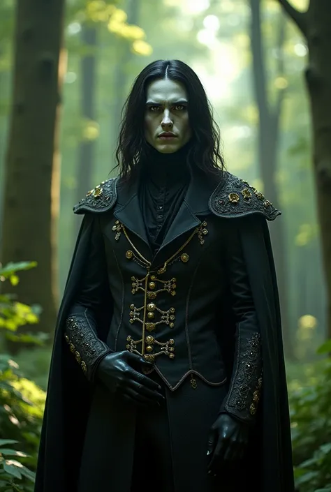 A very pale guy in a Hollywood forest with black hair in a fancy outfit