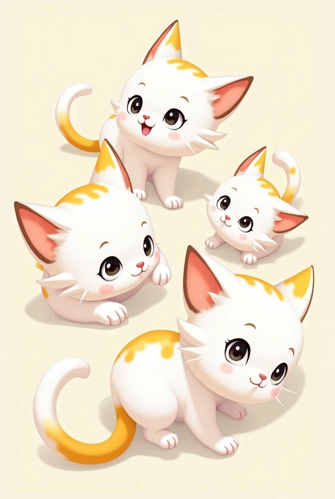 Create me an illustration of a white cat with black and yellow spots animated at different angles 