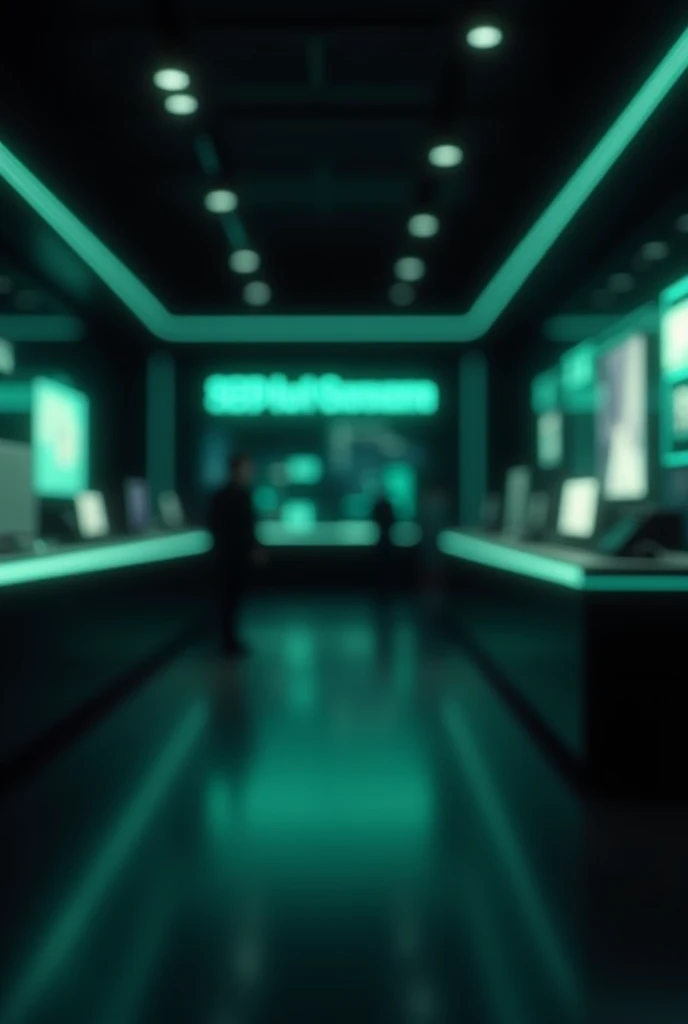 Modern electronics store with no people inside, black with blurred green and blue lights