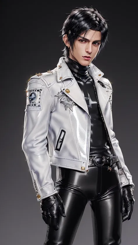 ((Final fantasy taste and reality graphics)), ((Japanese young cute and cool ikemen  boy)), his age is early 20s, thin eyebrows and beady eyes,  ((((he wearing white color and very shining brightly enamel leather thick single-brest motorcycle jacket)))), (...