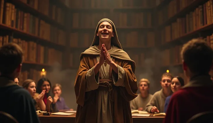 Philosopher from 1479 thanking and smiling in a classroom