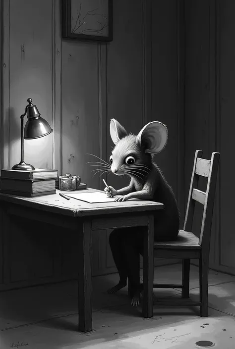 a mouse that looks like the book "Maus" in a bedroom that has a desk where he is sitting writing on a wooden chair. The image must be black and white and 4x4.