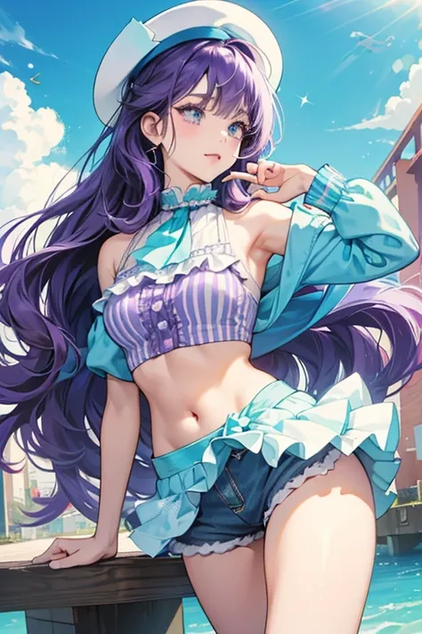 Accord has long, curled light purple curly hair that reaches her waist.  Her eye color is purple . A small pair of glasses sits on the bridge of her nose. She wears a long, white dress with cyan trim, a frilled ascot, indigo boots, and a round hat decorate...