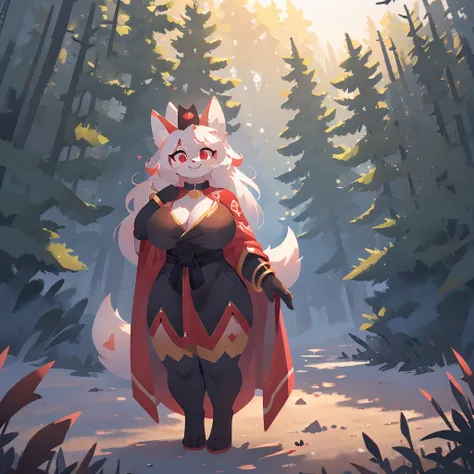 Female white and red kitsune, black crown, big breasts, big thighs, big ass, red patterns on body, 3 white fluffy tails with red tip attached to back of pelvis, Pretty red eyes, white fur tufts, wearing red and black royal robe that covers her chest and th...