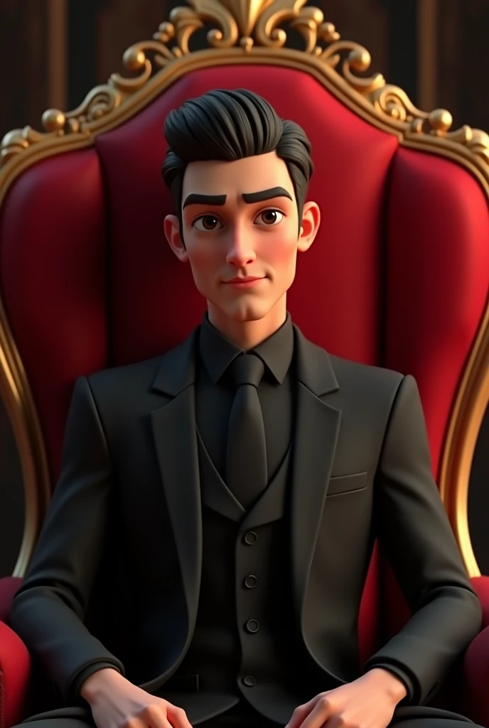 1 Handsome 25 yearsold man wearing black suit sitting in the red royal chair and his 2 hands put in the armchair. Semi 3D animated half human face portrait.