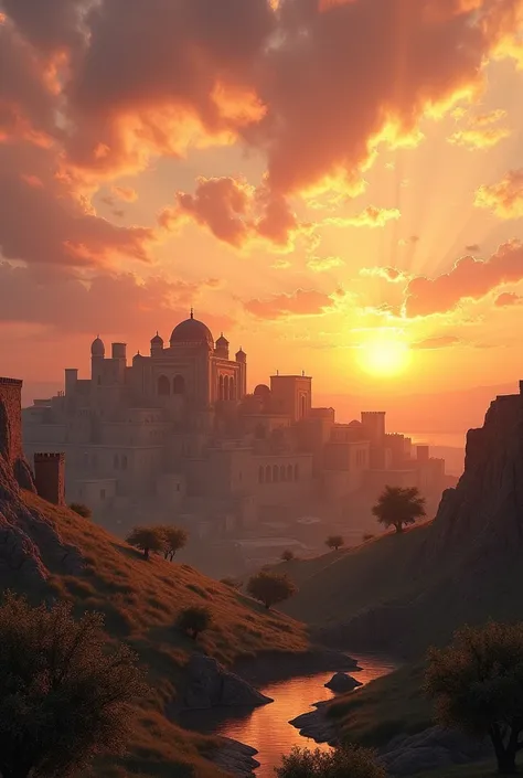 Realistic image of a biblical town in the distance with a sunset