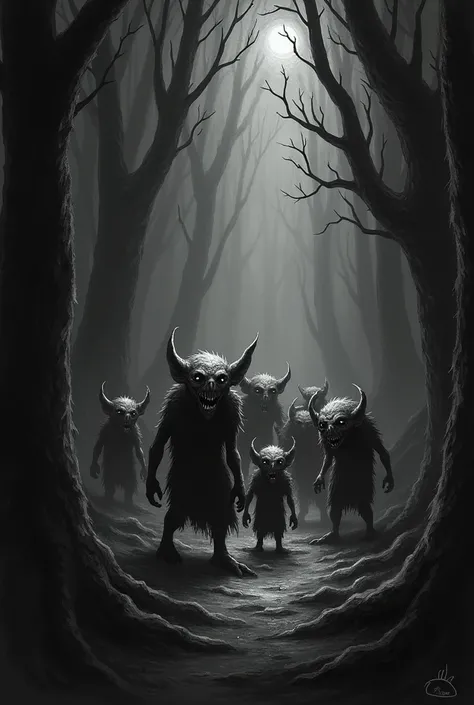 Believe me Little goblins with shining eyes in the forest on a gloomy night Drawn in black and white goblins grotesque seabed
