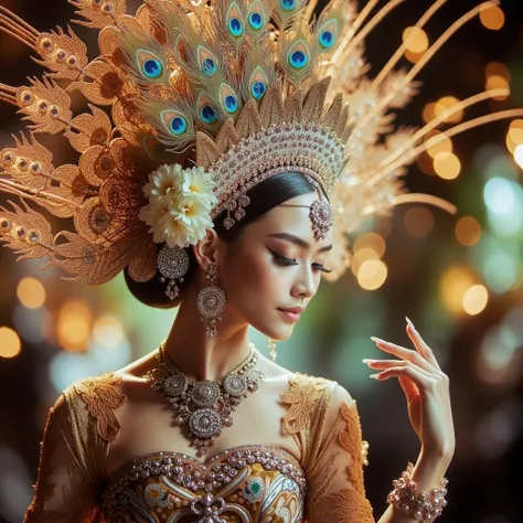 Masterpiece Luxurious Picture of a graceful beautiful Sundanese Peacock Dance Dancer with iconic ornated peacock tiara, bokeh, shallow depth of field