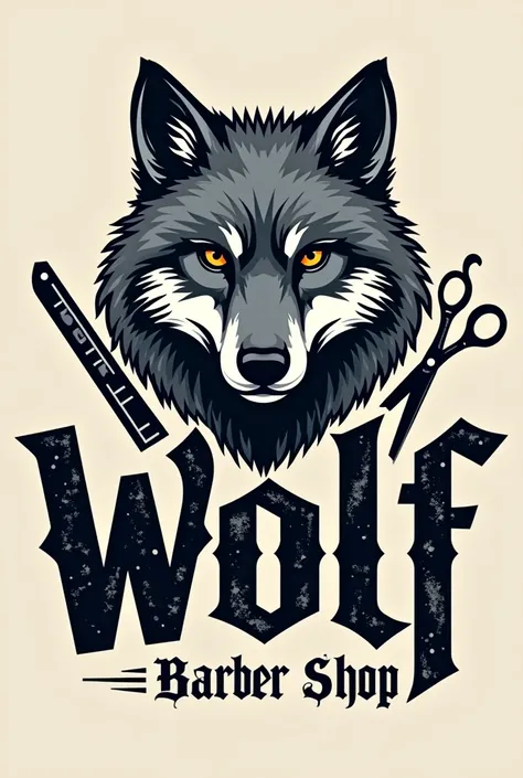 Logo for a barbershop that says wolf barber shop with urban style letters that has a gray tabby wolf with hair cutting scissors and beard razors