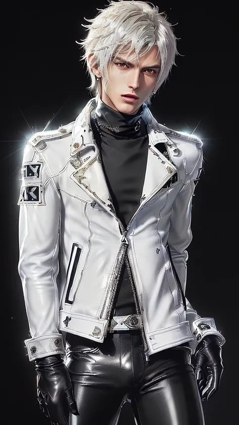 ((Final fantasy taste and reality graphics)), ((Japanese young cute and cool ikemen  boy)), his age is early 20s, thin eyebrows and beady eyes,  ((((he wearing white color and very shining brightly enamel leather thick single-brest jacket)))), ((with epaul...