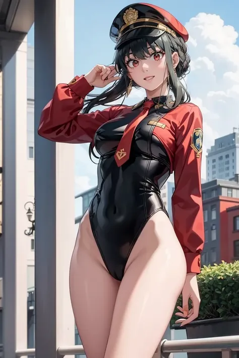 High resolution、masterpiece、1 girl in、Bjorf、A dark-haired、short hair with long locks、look for、Kamimei、bending forward、smile、bring your face closer、Red eyes、gold earrings, leotard blue, bare legs, blue police uniform, police hat, long sleeve, tie, in the ci...