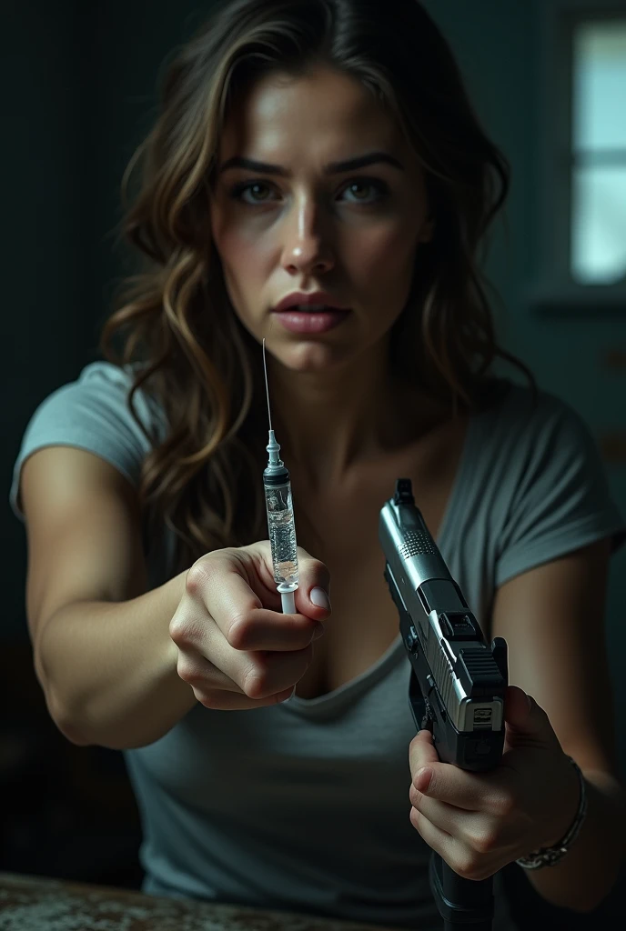 Woman giving herself an injection in the arm while holding a gun