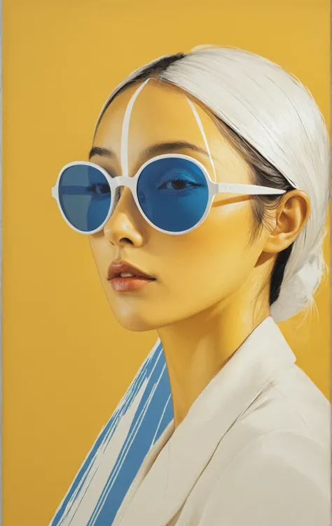 Illustration of the elegant and impressive face of a beautiful woman wearing sunglasses and in profile using elegant white lines on a yellow and blue canvas.
