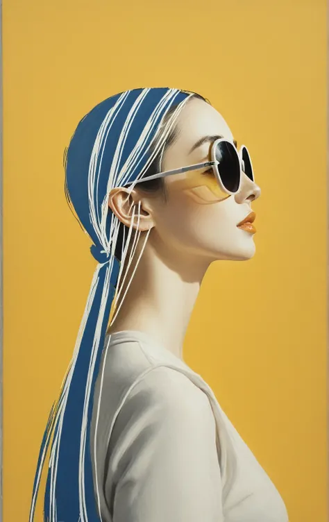 Illustration of the elegant and impressive face of a beautiful woman wearing sunglasses and in profile using elegant white lines on a yellow and blue canvas.
