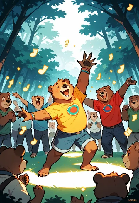 rating_safe, score_9, score_8_up, score_7_up, score_6_up, score_5_up, score_4_up, hires, source_furry(super cute 1girl, bear, pair)singing, dancing, waltz, boys, girls, forest, good lighting,