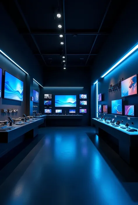 Modern electronics store with black interior and blue lights