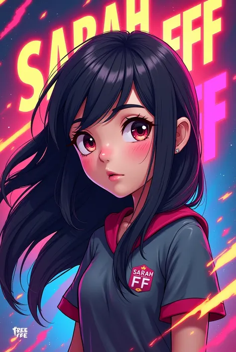 image of a cartoon girl, free fire player with dark hair, long, without fringe, Please note your name Sarah FF as a poster 