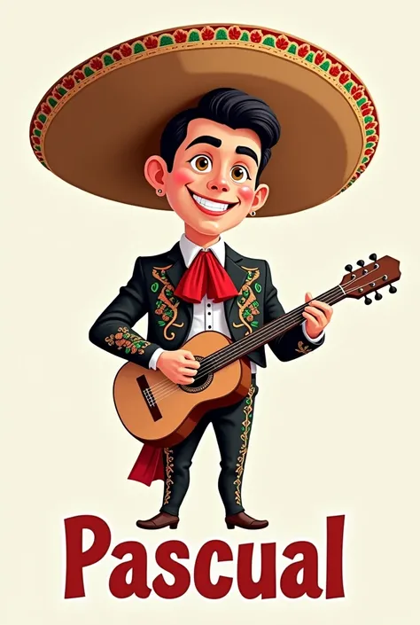 A cute cartoon man dressed as a Mexican charro mariachi and at the bottom of the image he says Pascual&#39;s name in bold letters.