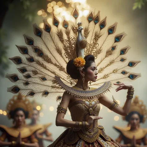 Masterpiece Luxurious Picture of a graceful beautiful Sundanese Peacock Dance Dancer with iconic ornated peacock tiara, bokeh, shallow depth of field